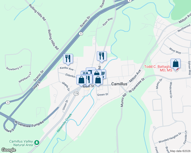map of restaurants, bars, coffee shops, grocery stores, and more near 24 Main Street in Camillus