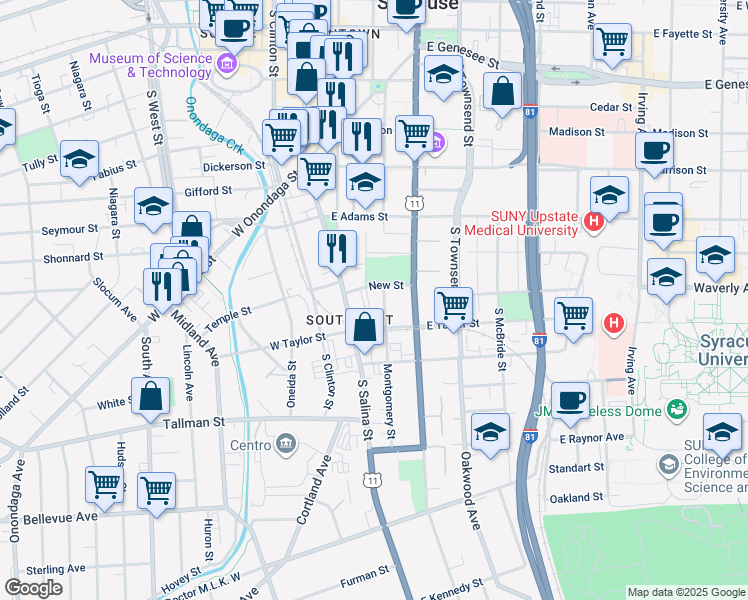 map of restaurants, bars, coffee shops, grocery stores, and more near 100 New Street in Syracuse