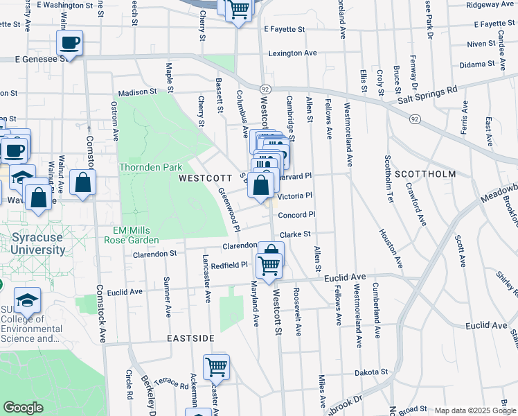 map of restaurants, bars, coffee shops, grocery stores, and more near 109 Avondale Place in Syracuse