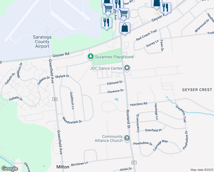 map of restaurants, bars, coffee shops, grocery stores, and more near 48 Edmund Drive in Ballston Spa