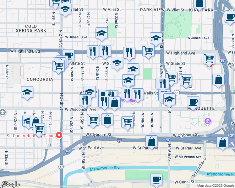 map of restaurants, bars, coffee shops, grocery stores, and more near 2127 West Wells Street in Milwaukee