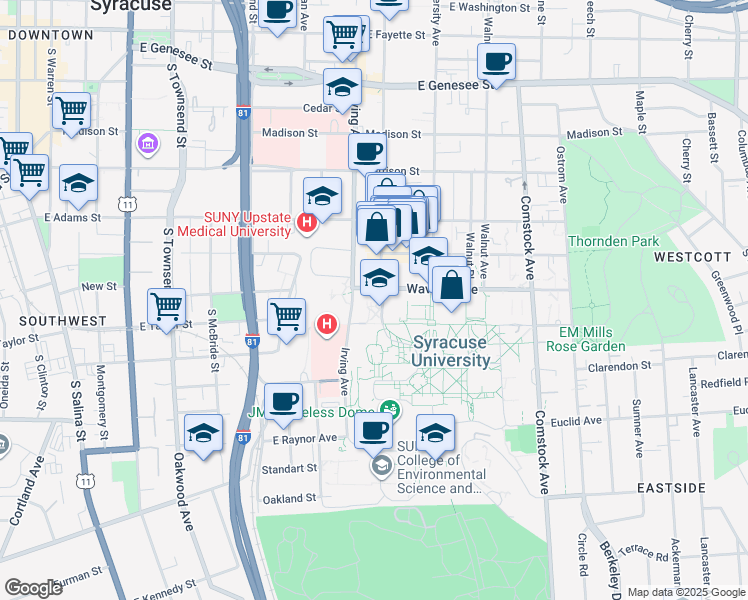 map of restaurants, bars, coffee shops, grocery stores, and more near 900 South Crouse Avenue in Syracuse