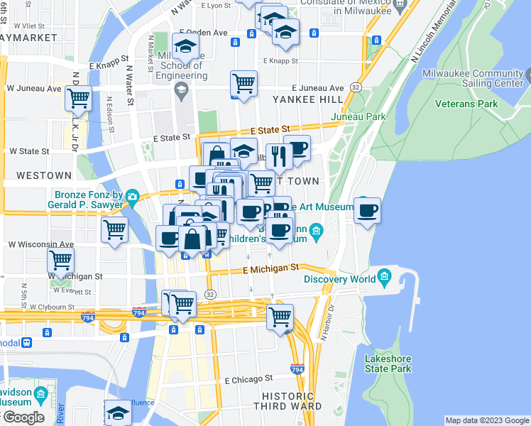 map of restaurants, bars, coffee shops, grocery stores, and more near North Van Buren Street & East Mason Street in Milwaukee