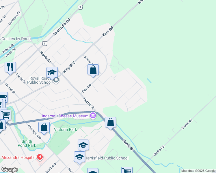 map of restaurants, bars, coffee shops, grocery stores, and more near 25 Owen Street in Ingersoll