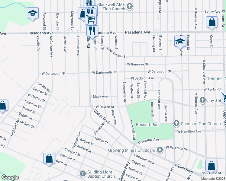 map of restaurants, bars, coffee shops, grocery stores, and more near 2528 Winona Street in Flint