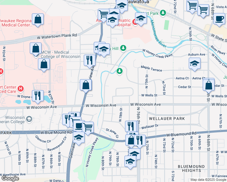 map of restaurants, bars, coffee shops, grocery stores, and more near 7829 North 79th Street in Wauwatosa