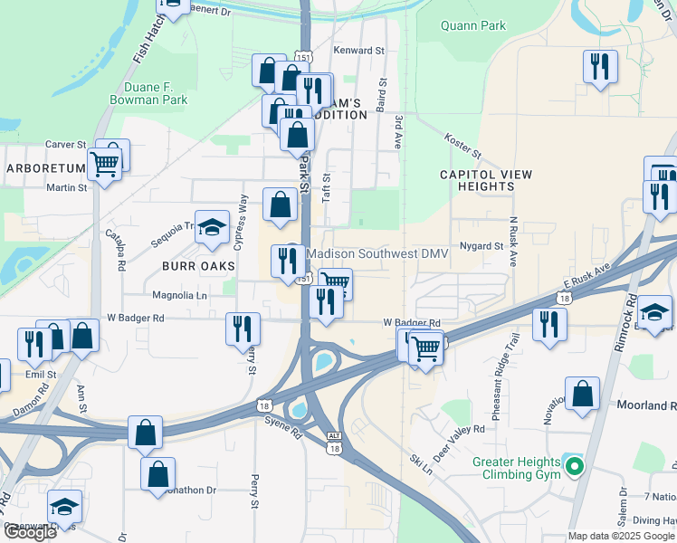 map of restaurants, bars, coffee shops, grocery stores, and more near 2219 Woodview Court in Madison
