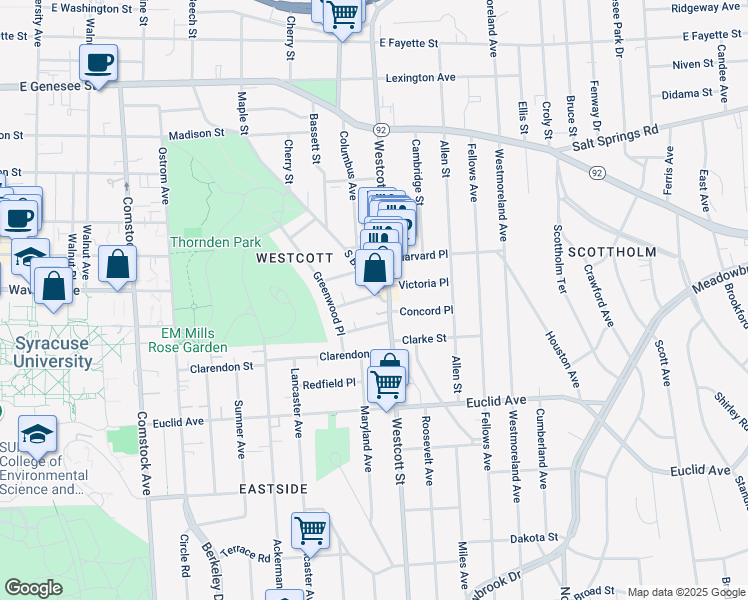 map of restaurants, bars, coffee shops, grocery stores, and more near 109 Avondale Place in Syracuse