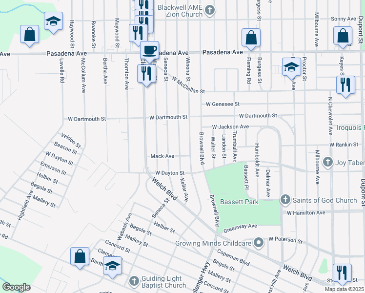 map of restaurants, bars, coffee shops, grocery stores, and more near 2528 Winona Street in Flint
