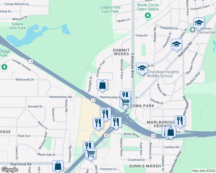 map of restaurants, bars, coffee shops, grocery stores, and more near 4604 Hammersley Road in Madison