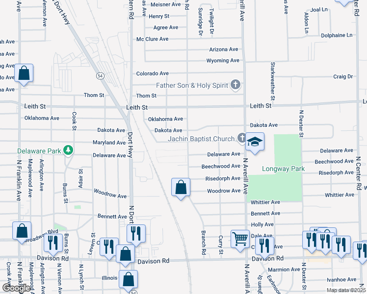 map of restaurants, bars, coffee shops, grocery stores, and more near 2715 Branch Road in Flint
