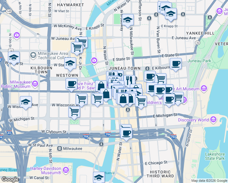 map of restaurants, bars, coffee shops, grocery stores, and more near 722 North Water Street in Milwaukee