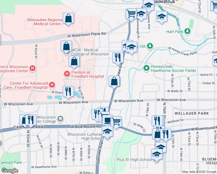 map of restaurants, bars, coffee shops, grocery stores, and more near 731 Glenview Avenue in Wauwatosa