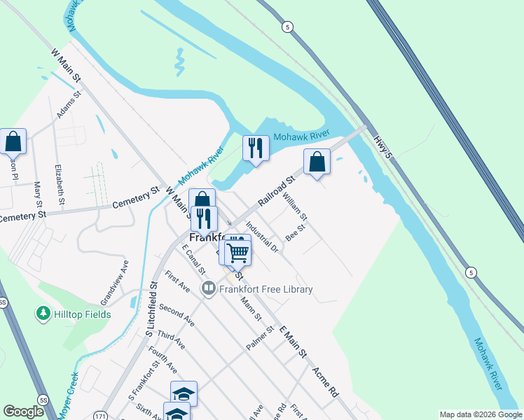map of restaurants, bars, coffee shops, grocery stores, and more near 112 Sheldon Avenue in Frankfort