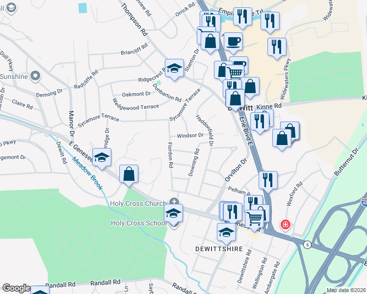 map of restaurants, bars, coffee shops, grocery stores, and more near 405 Brampton Drive in Syracuse