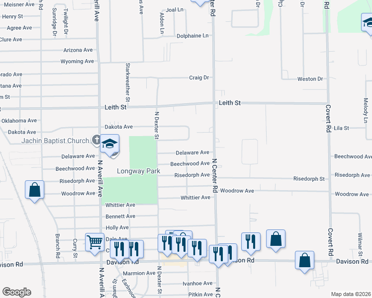 map of restaurants, bars, coffee shops, grocery stores, and more near 3741 Beechwood Avenue in Flint