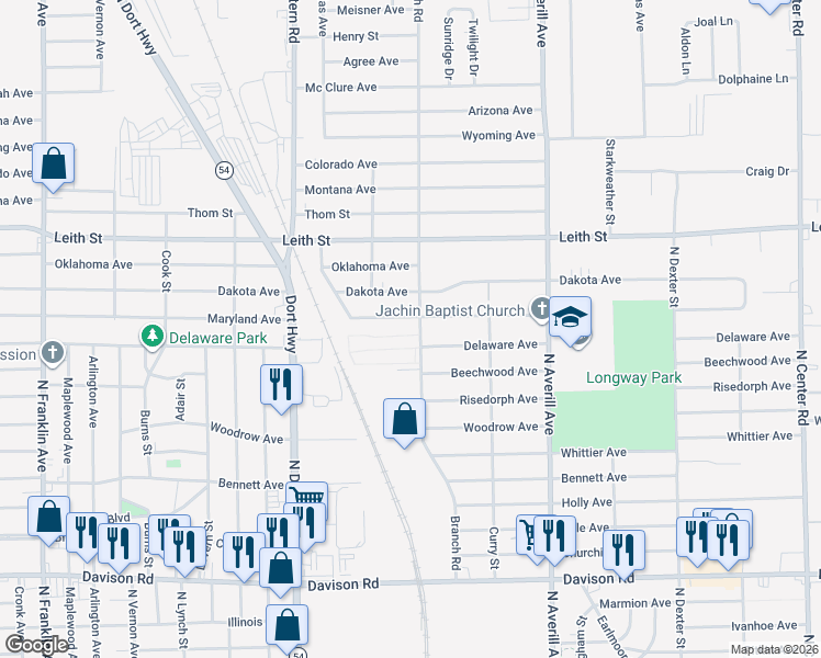 map of restaurants, bars, coffee shops, grocery stores, and more near 2620 Branch Road in Flint