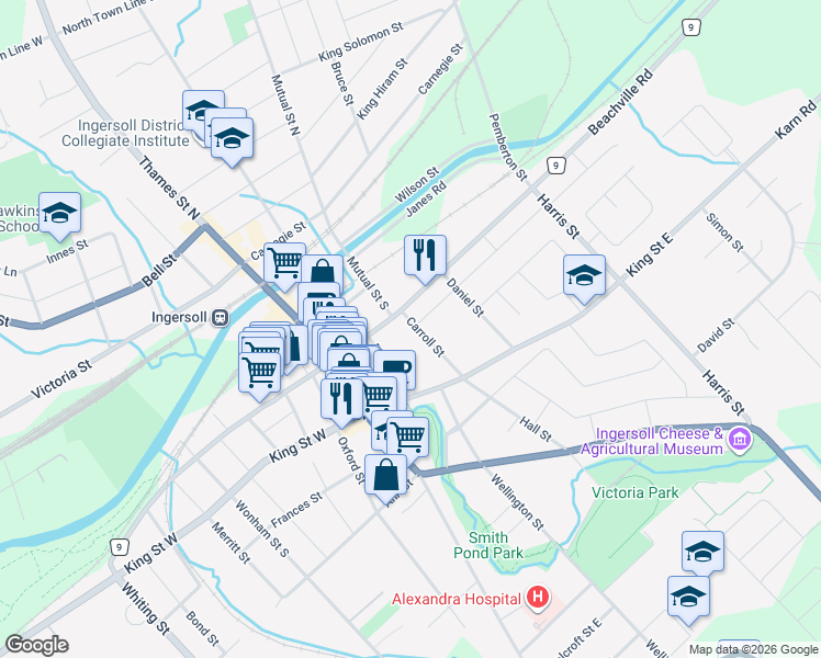 map of restaurants, bars, coffee shops, grocery stores, and more near 114 Carroll Street in Ingersoll