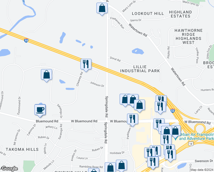 map of restaurants, bars, coffee shops, grocery stores, and more near Springdale Road in Waukesha
