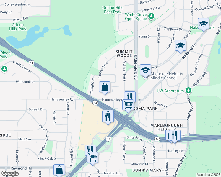 map of restaurants, bars, coffee shops, grocery stores, and more near 28 Heritage Circle in Madison