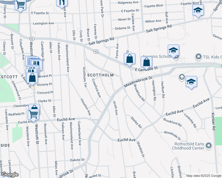 map of restaurants, bars, coffee shops, grocery stores, and more near 232 Scott Avenue in Syracuse
