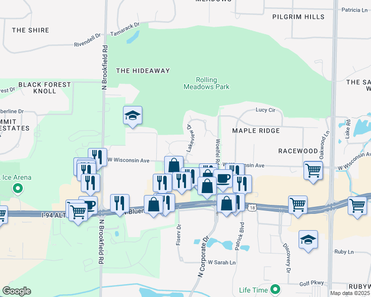 map of restaurants, bars, coffee shops, grocery stores, and more near 790 Lakeview Drive in Brookfield