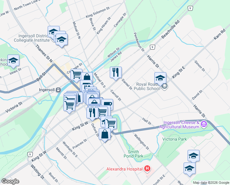 map of restaurants, bars, coffee shops, grocery stores, and more near 119 Carroll Street in Ingersoll