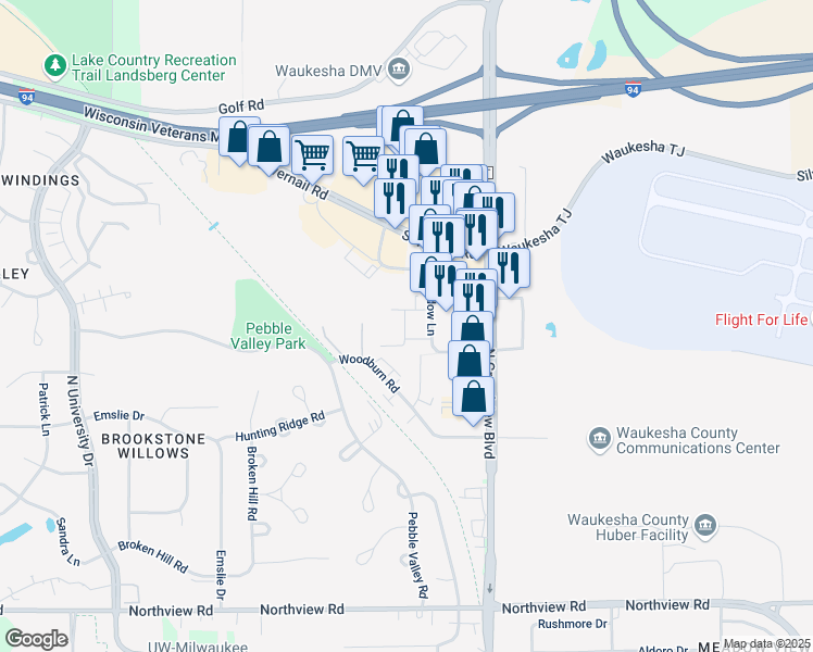 map of restaurants, bars, coffee shops, grocery stores, and more near 1821 Meadow Lane in Pewaukee