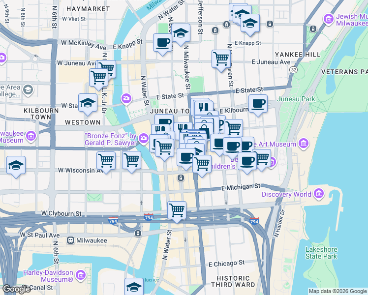 map of restaurants, bars, coffee shops, grocery stores, and more near 1433 East Wells Street in Milwaukee