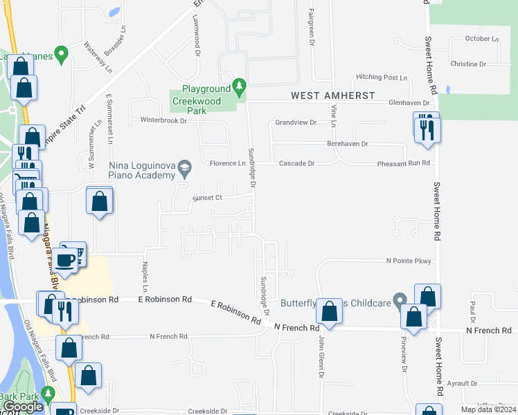 map of restaurants, bars, coffee shops, grocery stores, and more near 191 Sundridge Drive in Buffalo