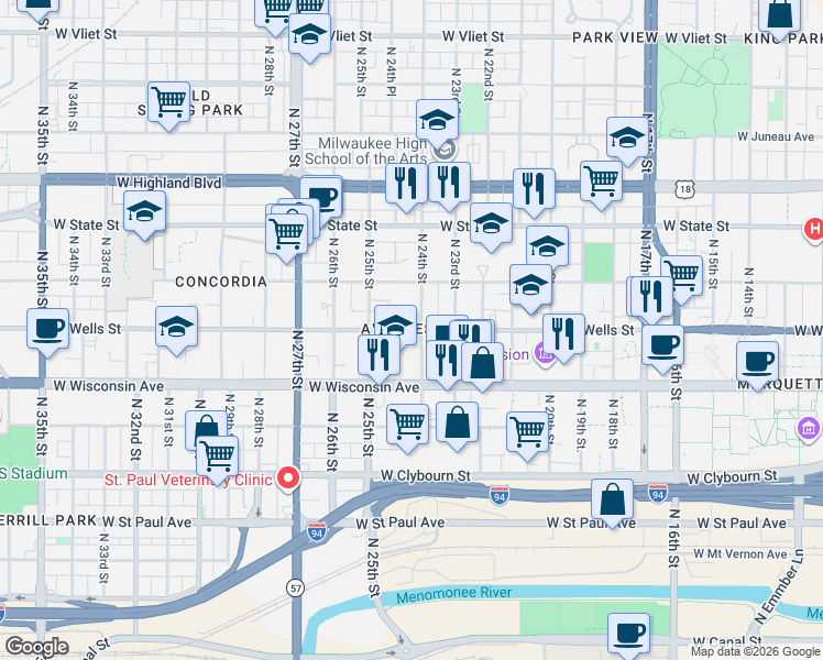 map of restaurants, bars, coffee shops, grocery stores, and more near 2408 West Wells Street in Milwaukee