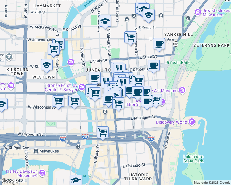 map of restaurants, bars, coffee shops, grocery stores, and more near 419 East Wells Street in Milwaukee