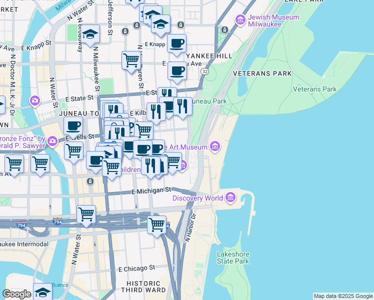 map of restaurants, bars, coffee shops, grocery stores, and more near 745 North Prospect Avenue in Milwaukee