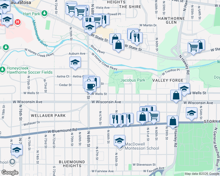 map of restaurants, bars, coffee shops, grocery stores, and more near 6604 Cedar Street in Wauwatosa