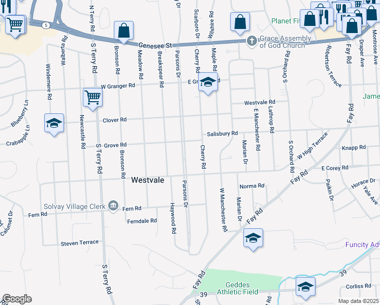 map of restaurants, bars, coffee shops, grocery stores, and more near 314 Cherry Road in Syracuse