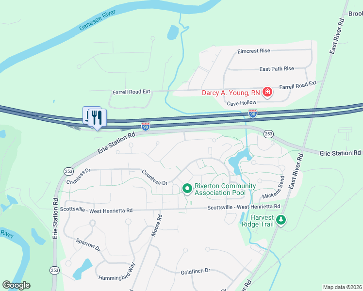 map of restaurants, bars, coffee shops, grocery stores, and more near 6 Wallflower Drive in West Henrietta