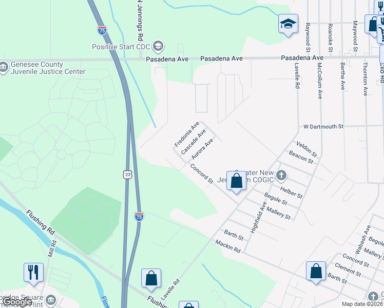 map of restaurants, bars, coffee shops, grocery stores, and more near 2337 Aurora Avenue in Flint