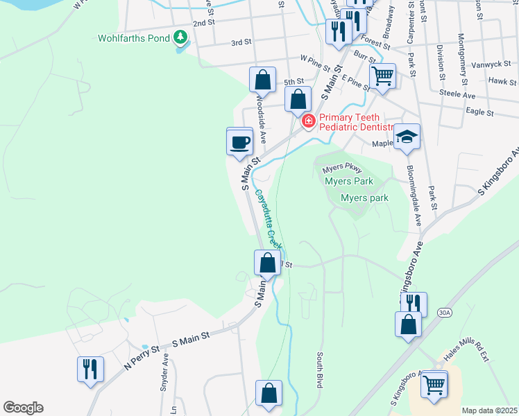 map of restaurants, bars, coffee shops, grocery stores, and more near 289 South Main Street in Gloversville