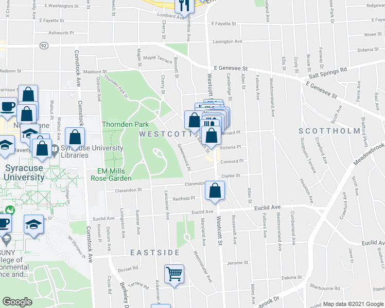 map of restaurants, bars, coffee shops, grocery stores, and more near 726 South Beech Street in Syracuse