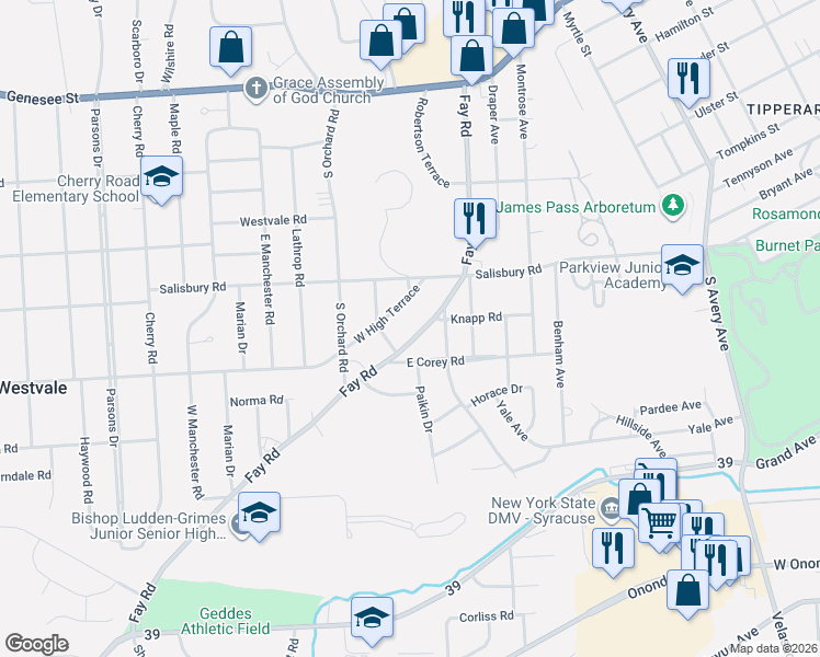 map of restaurants, bars, coffee shops, grocery stores, and more near 115 West High Terrace in Syracuse