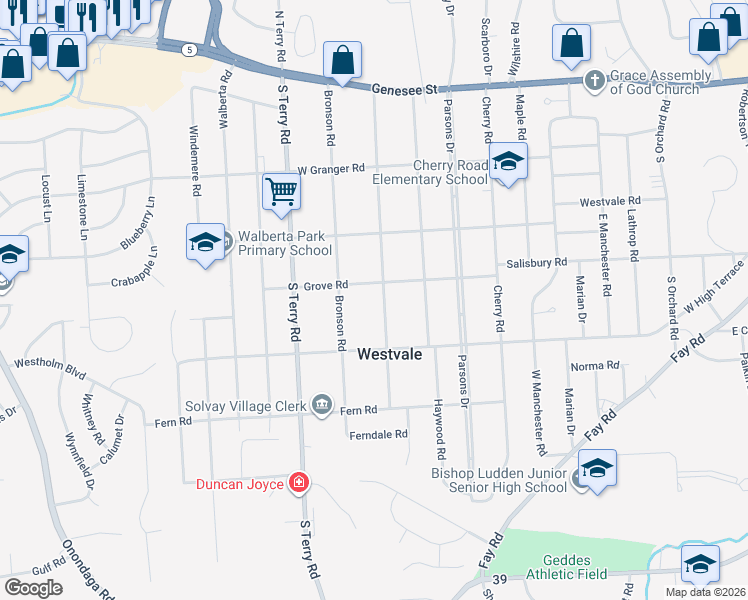 map of restaurants, bars, coffee shops, grocery stores, and more near 402 Grove Road in Syracuse