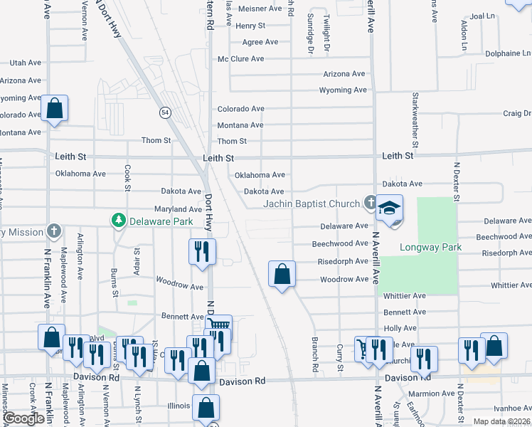map of restaurants, bars, coffee shops, grocery stores, and more near 3010 Dakota Avenue in Flint