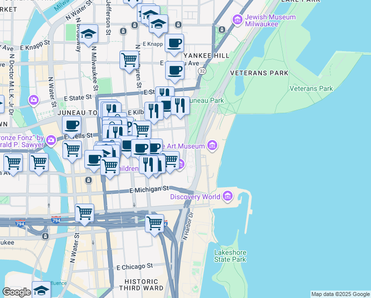 map of restaurants, bars, coffee shops, grocery stores, and more near 777 North Prospect Avenue in Milwaukee