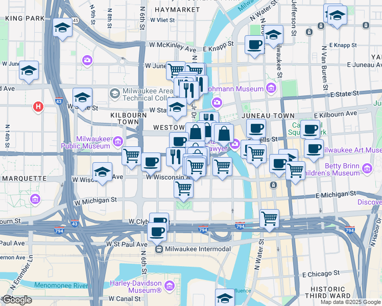 map of restaurants, bars, coffee shops, grocery stores, and more near 33 East Kilbourn Avenue in Milwaukee