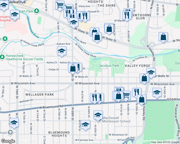 map of restaurants, bars, coffee shops, grocery stores, and more near 6604 Cedar Street in Wauwatosa