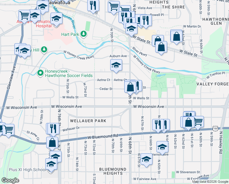 map of restaurants, bars, coffee shops, grocery stores, and more near 6916 Cedar Street in Wauwatosa