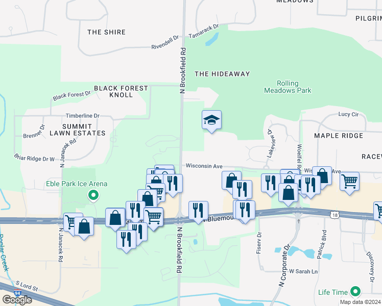 map of restaurants, bars, coffee shops, grocery stores, and more near 800 North Brookfield Road in Brookfield