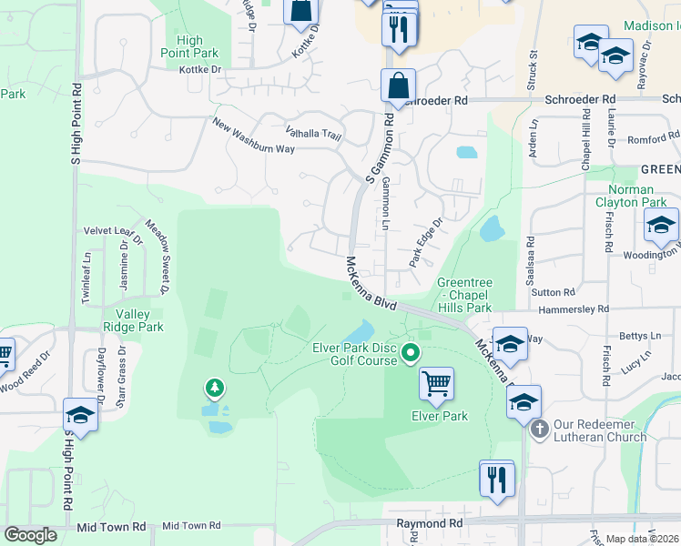 map of restaurants, bars, coffee shops, grocery stores, and more near 1109 McKenna Boulevard in Madison