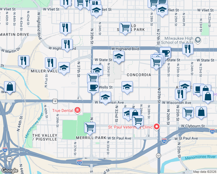 map of restaurants, bars, coffee shops, grocery stores, and more near West Wells Street & North 33rd Street in Milwaukee