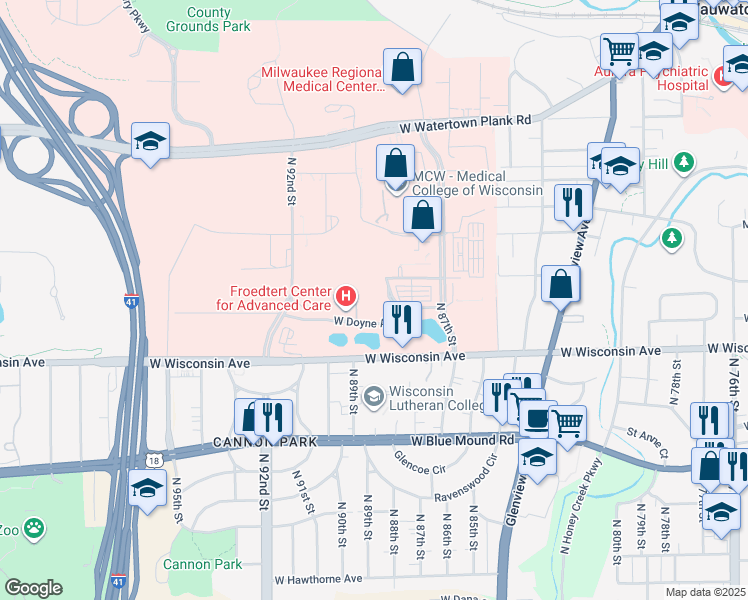 map of restaurants, bars, coffee shops, grocery stores, and more near 8900 West Wisconsin Avenue in Milwaukee